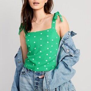 Old Navy Smocked Polka Dot Tie Shoulder Top Kelly Green Dobby Corset